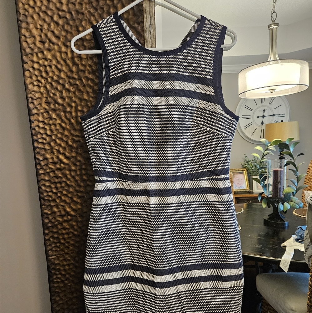 J crew dress navy and white.  Adorable clip and tie back just at top